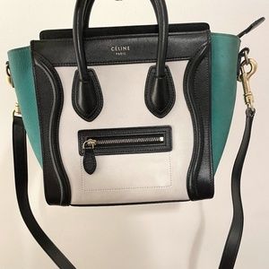 Celine Nano Luggage Bag in Smooth Calfskin with Green Suede